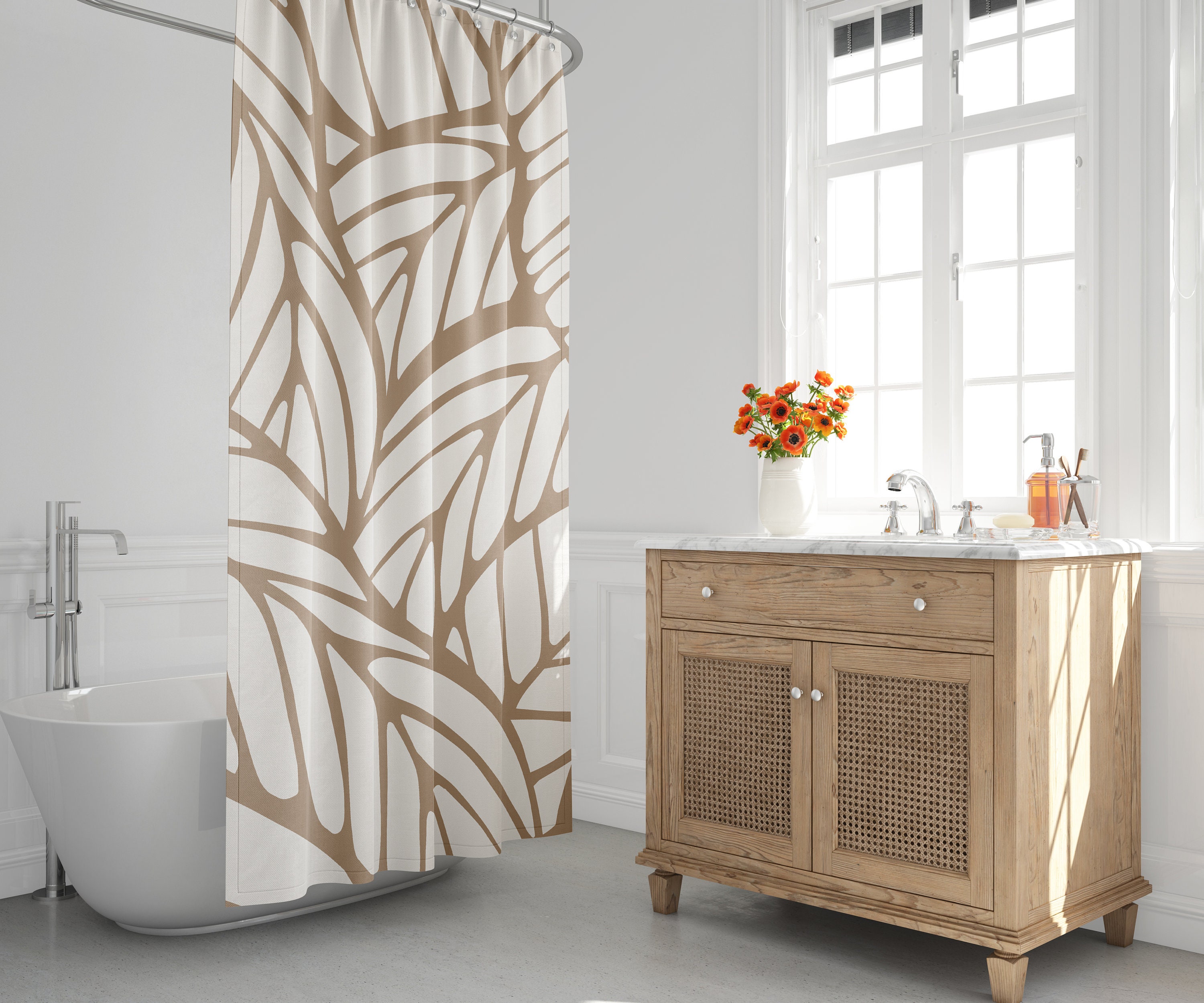 Mid Century Modern Shower Curtain - Tropical Leaf and Botanical Design with Minimalist Abstract Look
