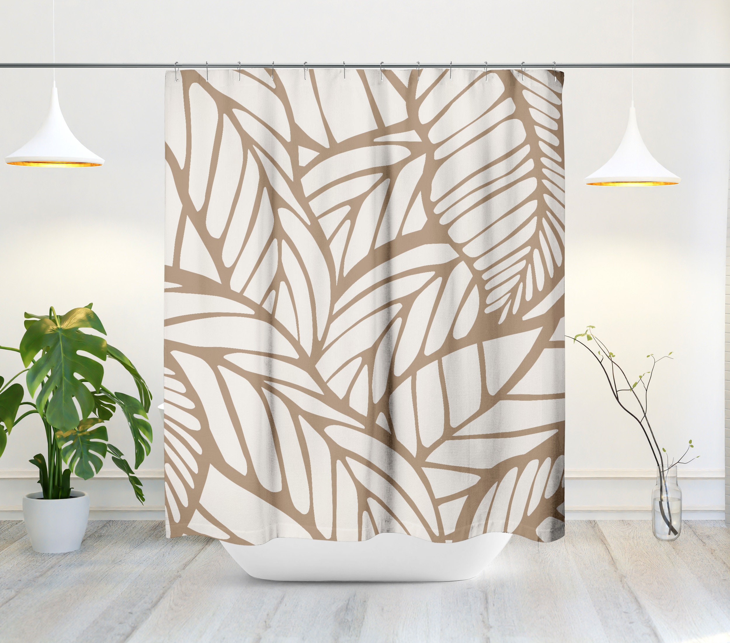 Mid Century Modern Shower Curtain - Tropical Leaf and Botanical Design with Minimalist Abstract Look - Image 2