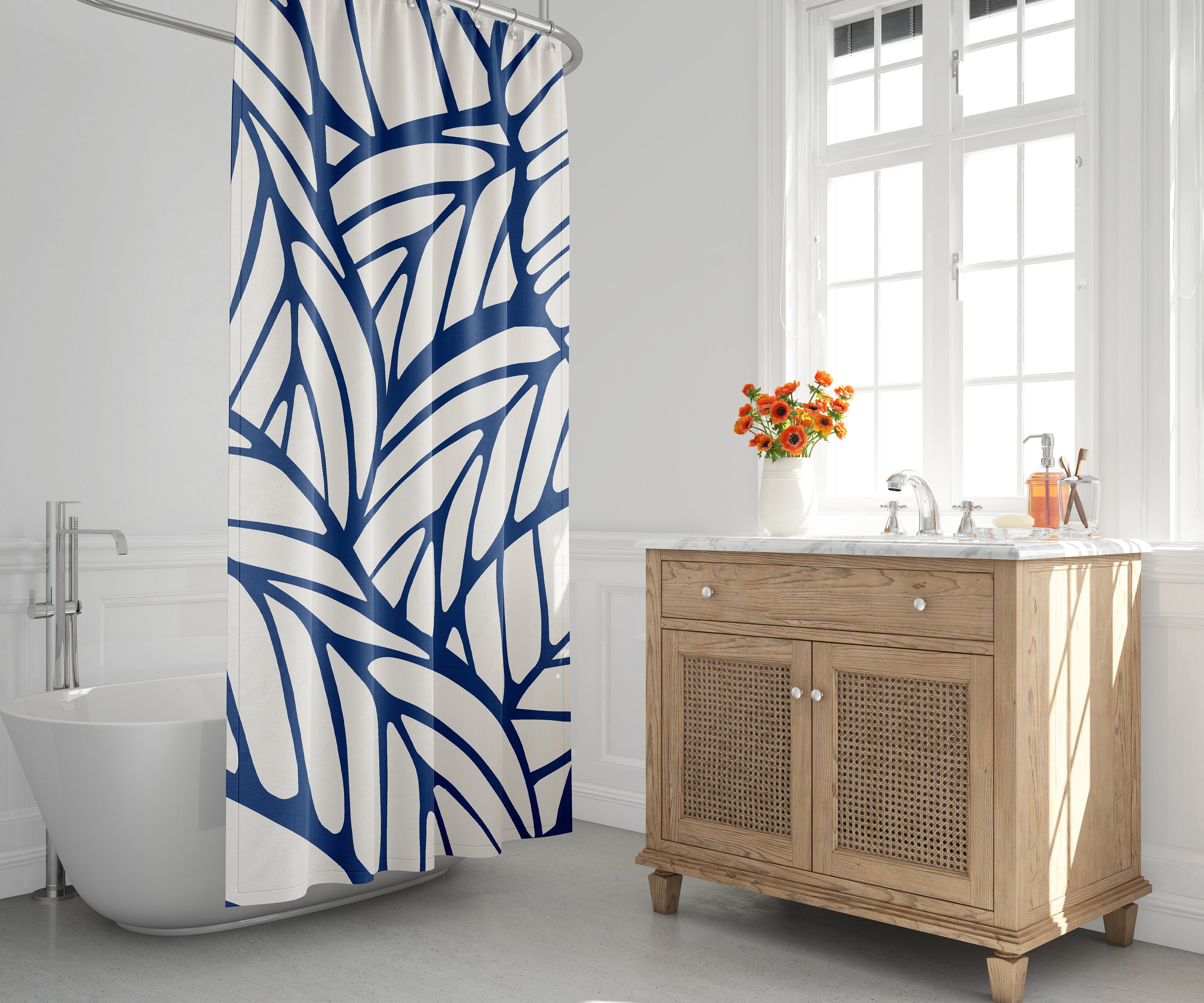 Mid Century Modern Shower Curtain - Tropical Leaf and Botanical Design with Minimalist Abstract Look Bathroom Decor