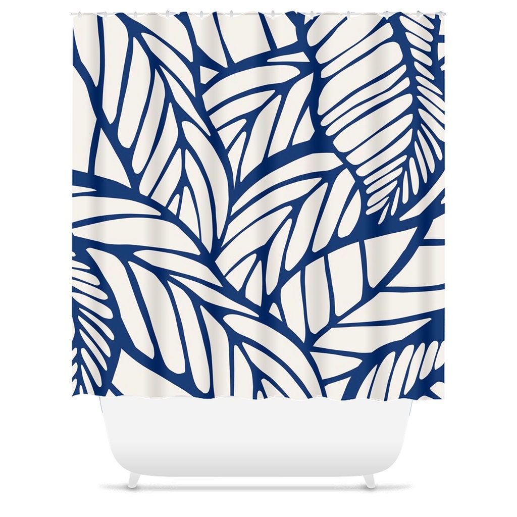 Mid Century Modern Shower Curtain - Tropical Leaf and Botanical Design with Minimalist Abstract Look Bathroom Decor - Image 3
