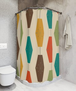 Mid Century Modern Shower Curtain with Atomic Starburst and Geometric Groovy Light Lantern Design