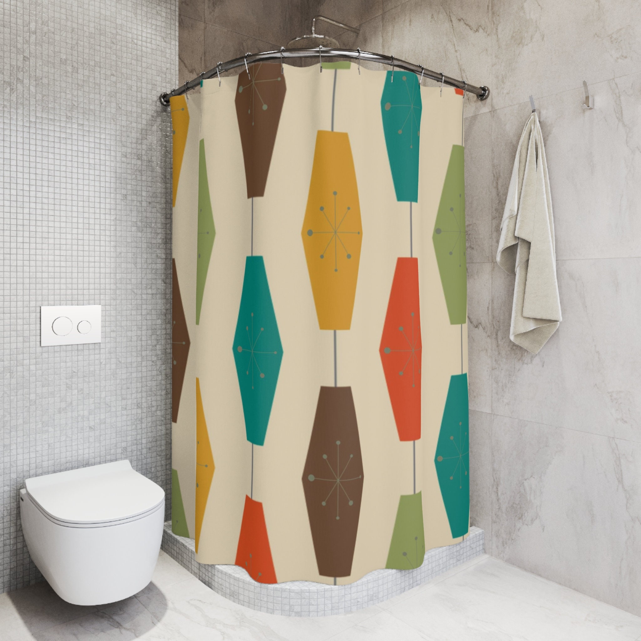 Mid Century Modern Shower Curtain with Atomic Starburst and Geometric Groovy Light Lantern Design