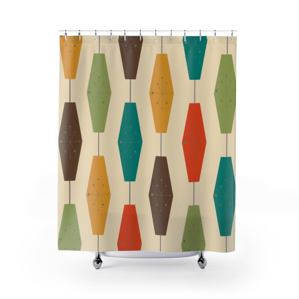 Mid Century Modern Shower Curtain with Atomic Starburst and Geometric Groovy Light Lantern Design - Image 2