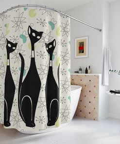 Mid Century Modern Shower Curtain with Franciscan Starburst Atomic Boomerang Teal Aqua Blue in Retro Bath Decor