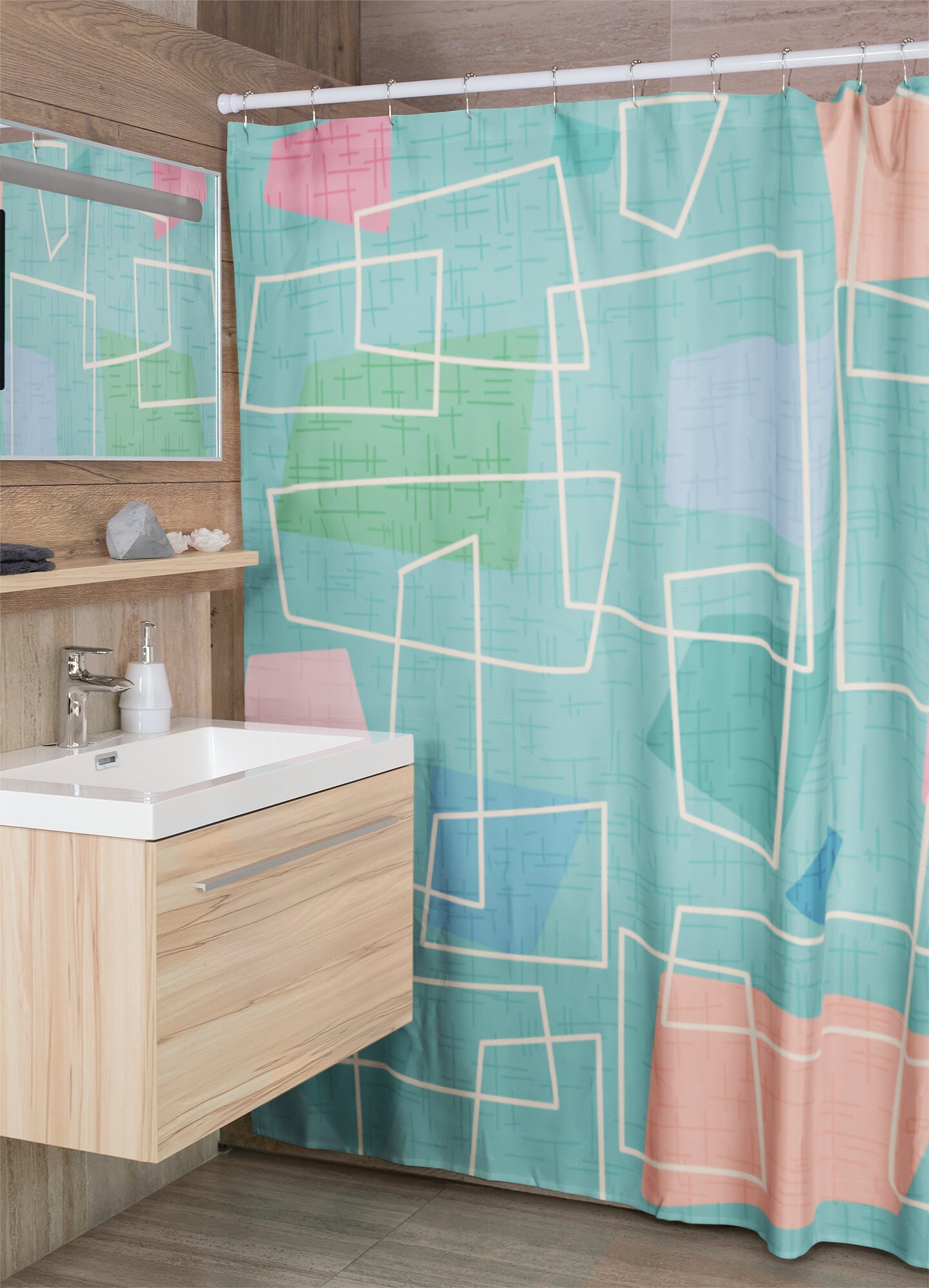 Mid Century Modern Shower Curtains, MCM Shower Accessory, Retro Bathroom Curtain with Atomic Kitty Pattern