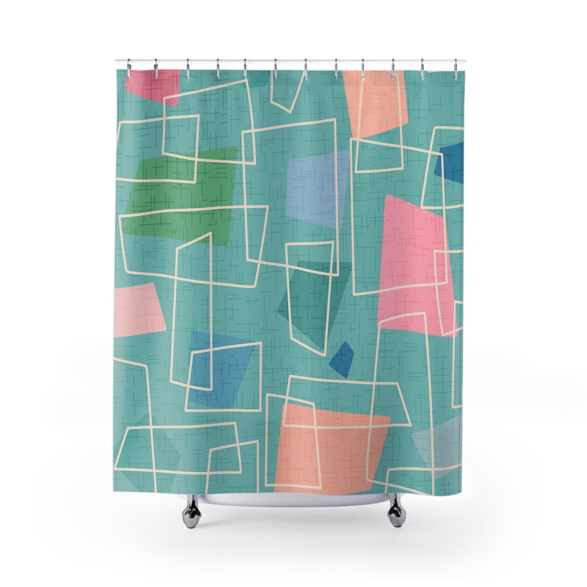 Mid Century Modern Shower Curtains, MCM Shower Accessory, Retro Bathroom Curtain with Atomic Kitty Pattern - Image 2