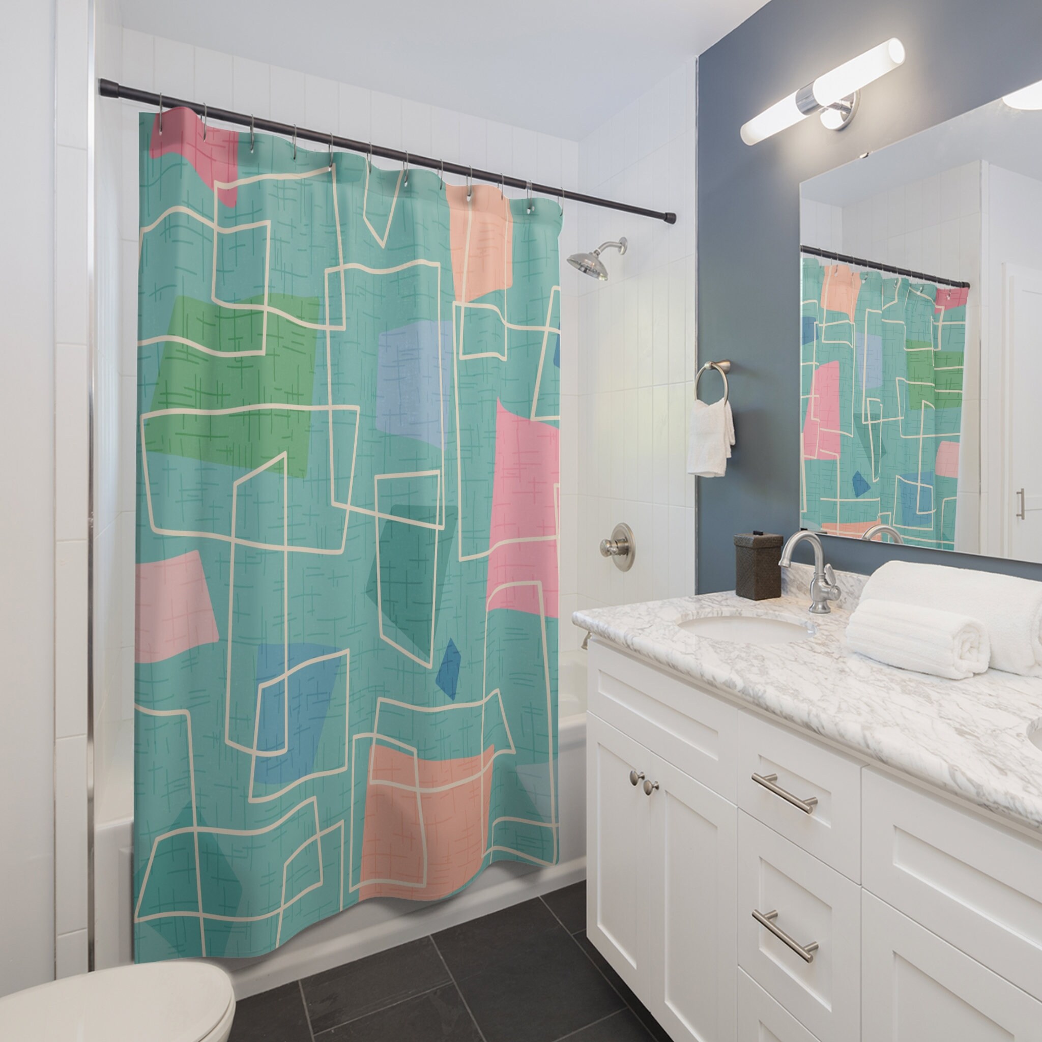 Mid Century Modern Shower Curtains, MCM Shower Accessory, Retro Bathroom Curtain with Atomic Kitty Pattern - Image 3