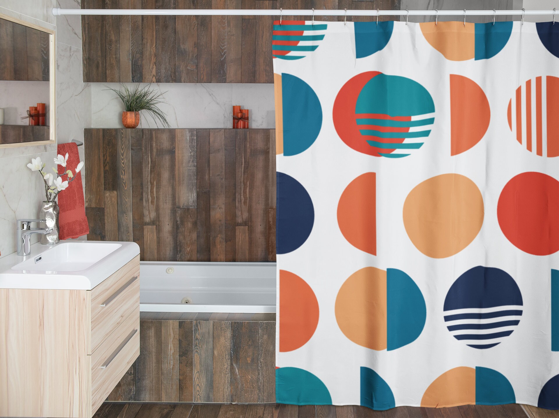 Mid Century Modern Shower Curtains, MCM Shower Accessory, Retro Bathroom Curtain with Classic Appeal