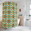 Mid Century Modern Shower Curtains with Funky 70's Retro Style in Orange, Teal, Mustard Yellow, Brown, and Beige