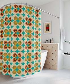 Mid Century Modern Shower Curtains with Funky 70's Retro Style in Orange, Teal, Mustard Yellow, Brown, and Beige