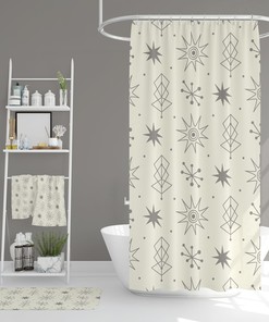 Mid Century Modern Spa Bathroom Set, Waffle Weave Shower Curtain, Hand Towel, Bath Towel
