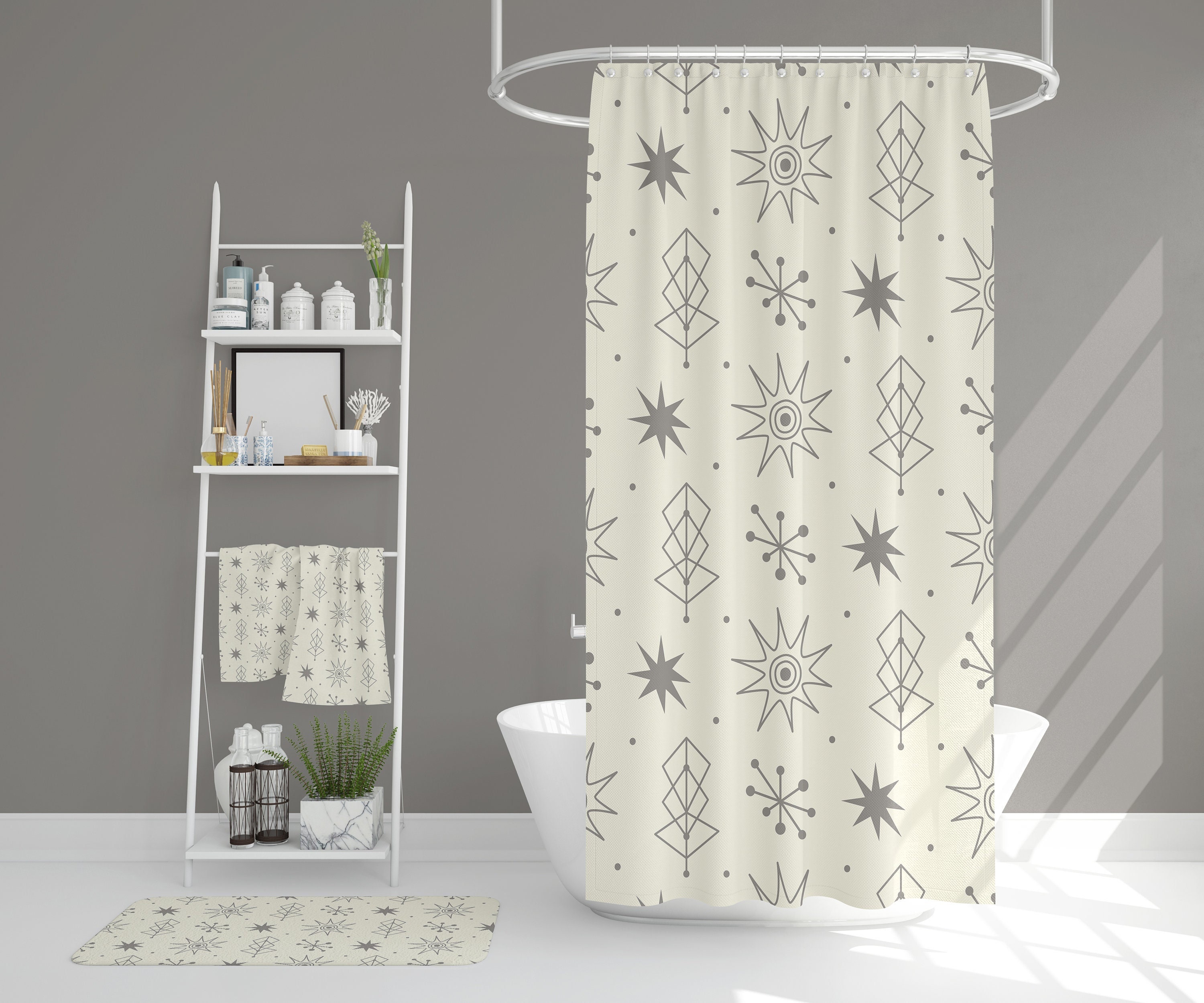 Mid Century Modern Spa Bathroom Set, Waffle Weave Shower Curtain, Hand Towel, Bath Towel