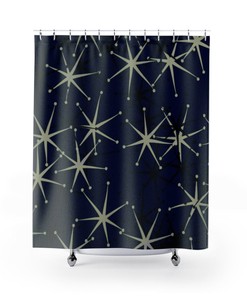 Mid Century Modern Starburst Design Black Shower Curtain for Atomic Age Bathroom Decor - Durable Polyester Material