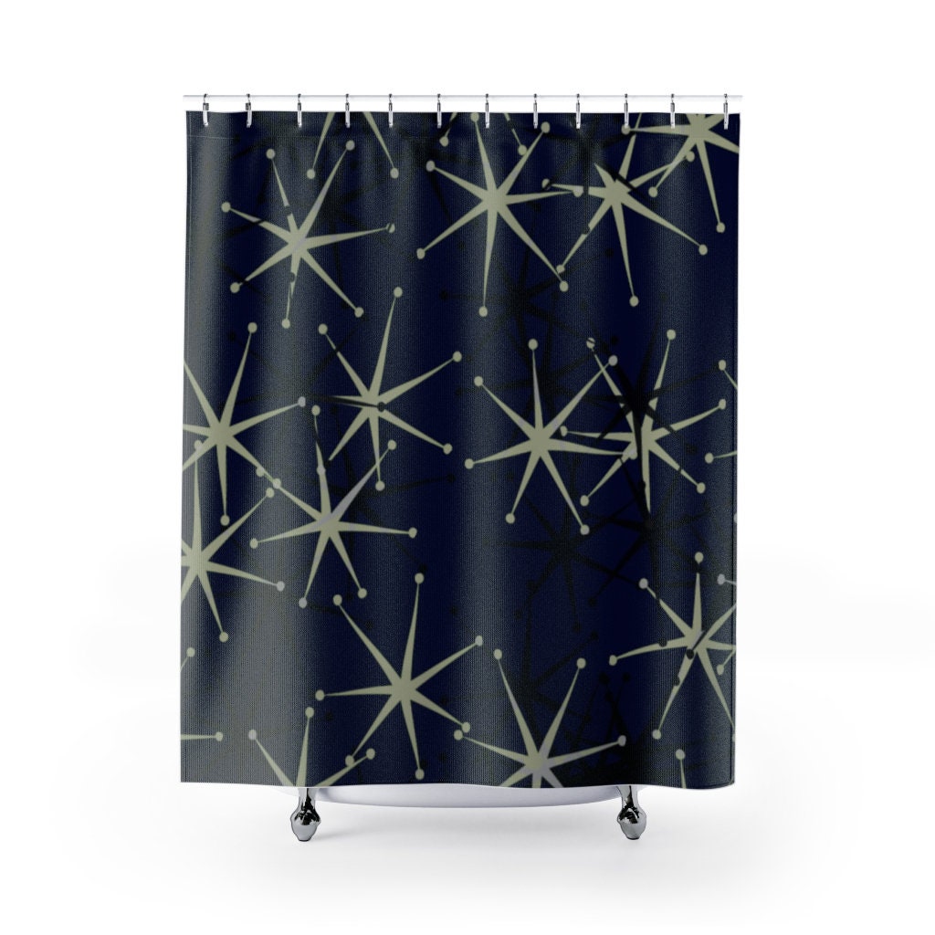 Mid Century Modern Starburst Design Black Shower Curtain for Atomic Age Bathroom Decor - Durable Polyester Material
