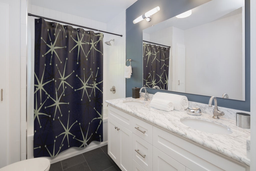 Mid Century Modern Starburst Design Black Shower Curtain for Atomic Age Bathroom Decor - Durable Polyester Material - Image 2