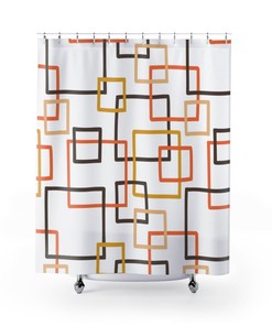 Mid Century Modern White Brown Mustard Orange Geometric Shower Curtains with Retro Flair