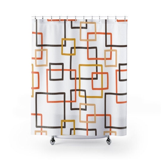Mid Century Modern White Brown Mustard Orange Geometric Shower Curtains with Retro Flair - Image 3