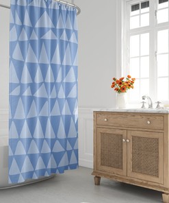 Mid-Century Blue Minimalist Shower Curtain with Tribal Zig Zag Design, Perfect for a Boho Contemporary Bath Decor