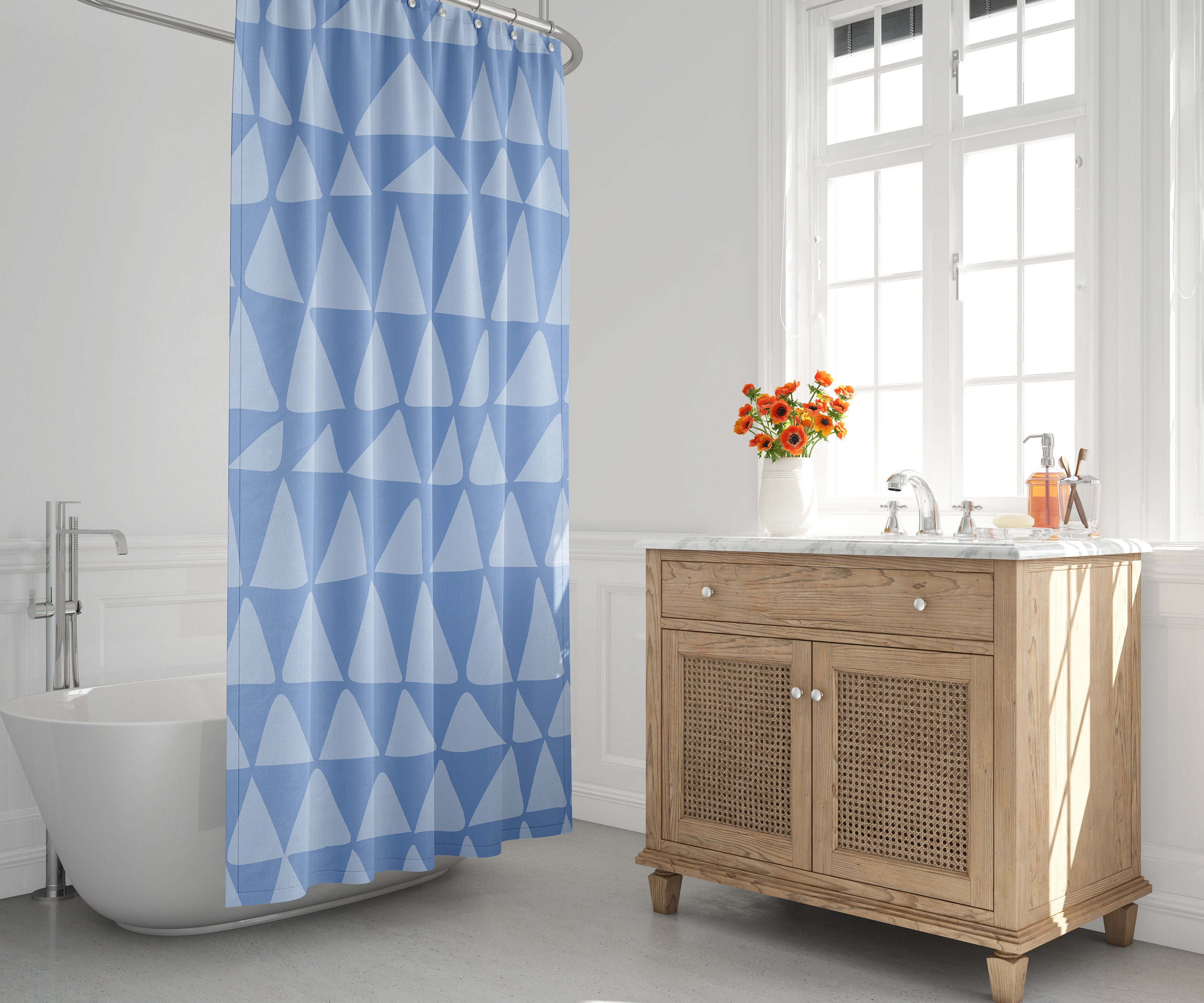 Mid-Century Blue Minimalist Shower Curtain with Tribal Zig Zag Design, Perfect for a Boho Contemporary Bath Decor