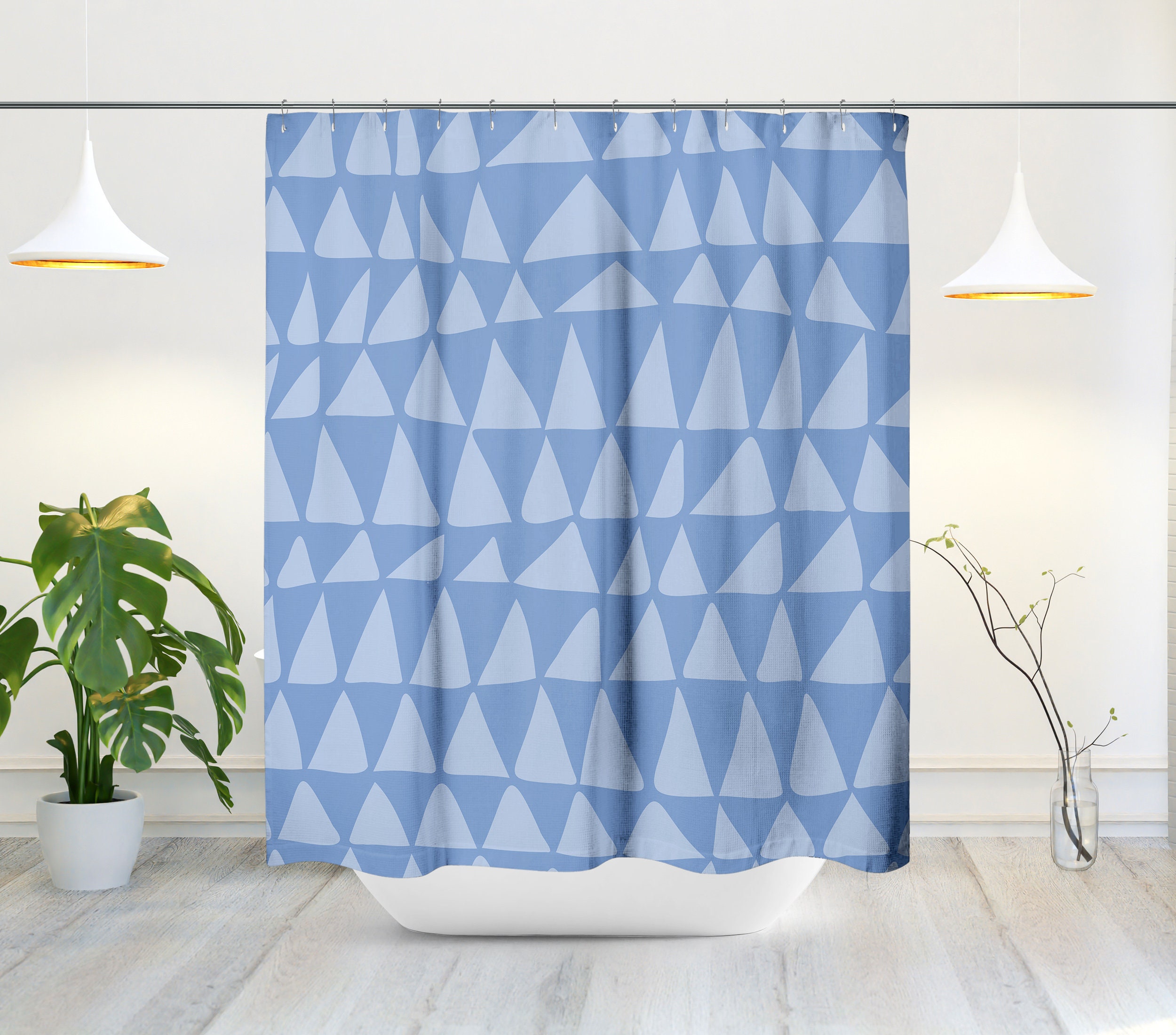 Mid-Century Blue Minimalist Shower Curtain with Tribal Zig Zag Design, Perfect for a Boho Contemporary Bath Decor - Image 2