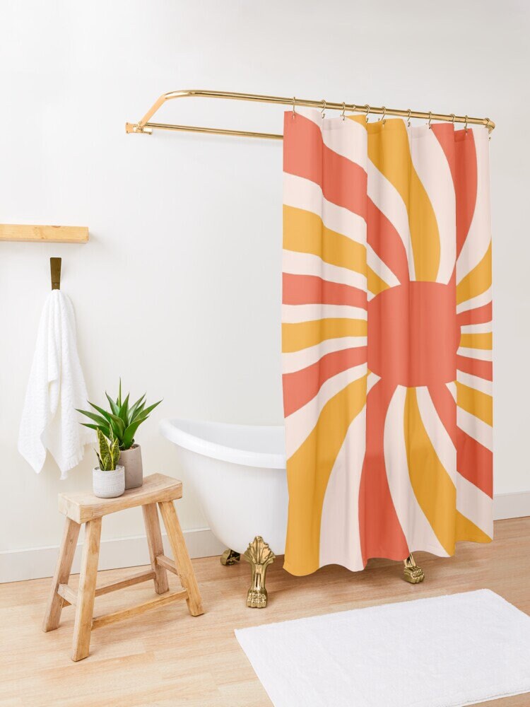 Mid-Century Disney Boho Sunset Abstract Patterns Shower Curtain, Trendy and Eco-Friendly Waterproof Decor with Hooks - Image 3