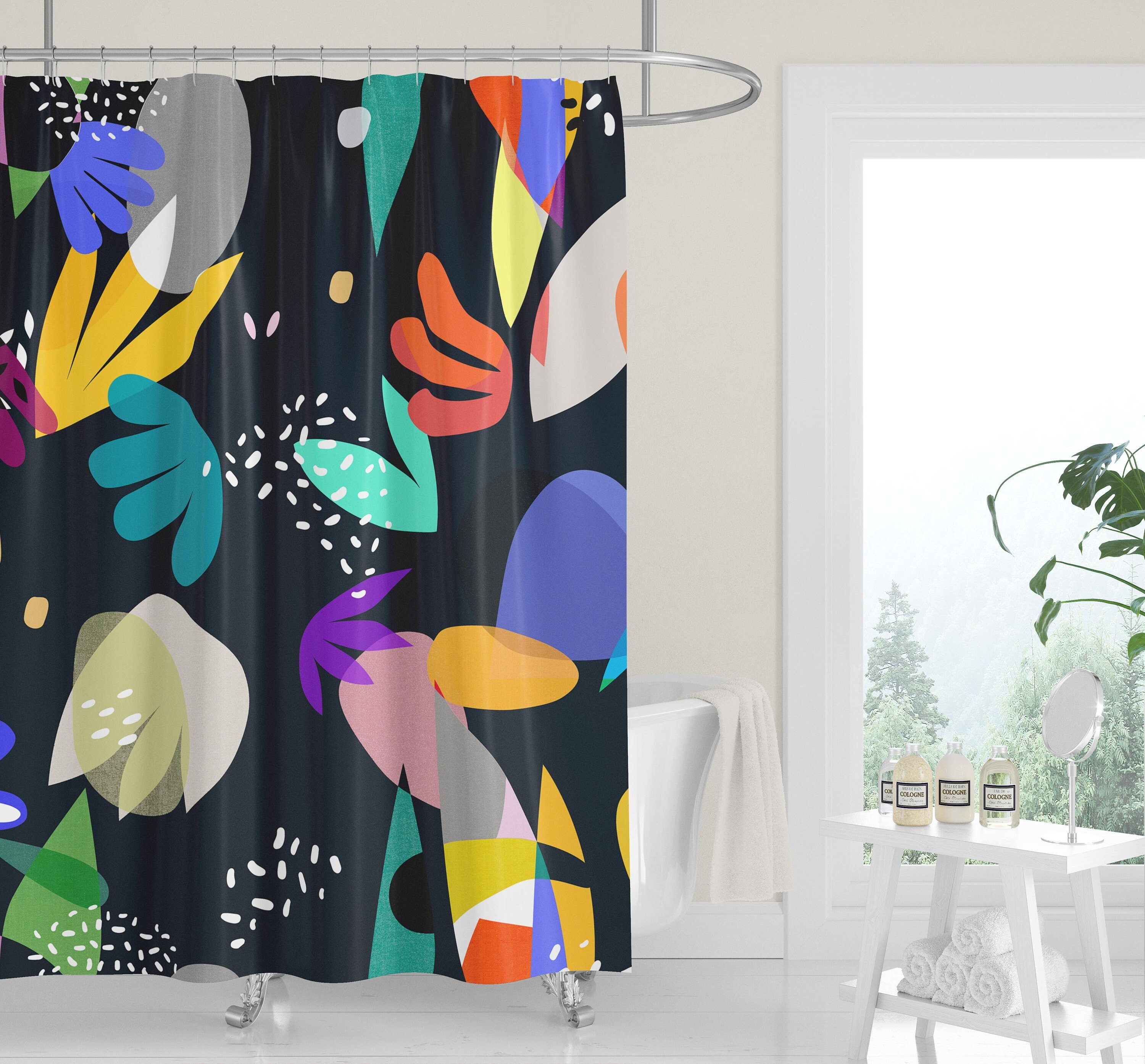 Mid-Century Matisse Black and Colorful Abstract Cutouts Shower Curtain with Whimsical Minimalist Design