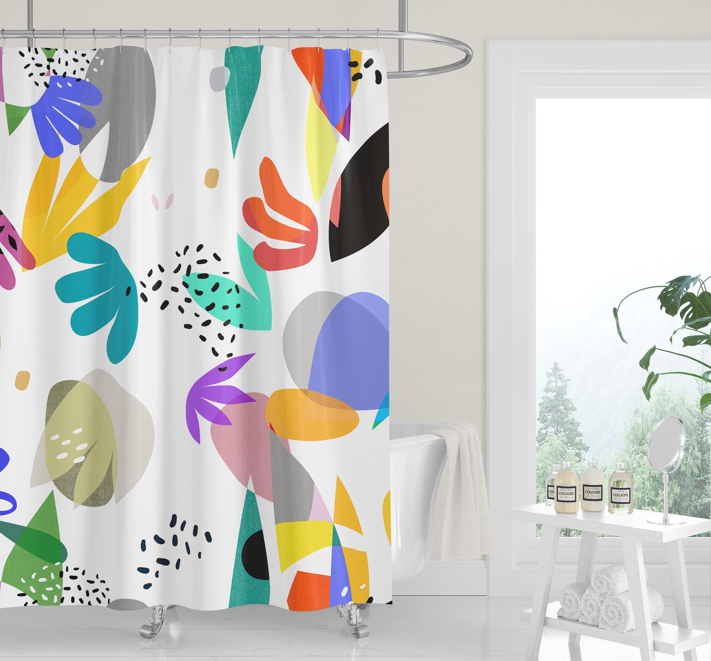 Mid-Century Matisse Black and Colorful Abstract Cutouts Shower Curtain with Whimsical Minimalist Design - Image 2