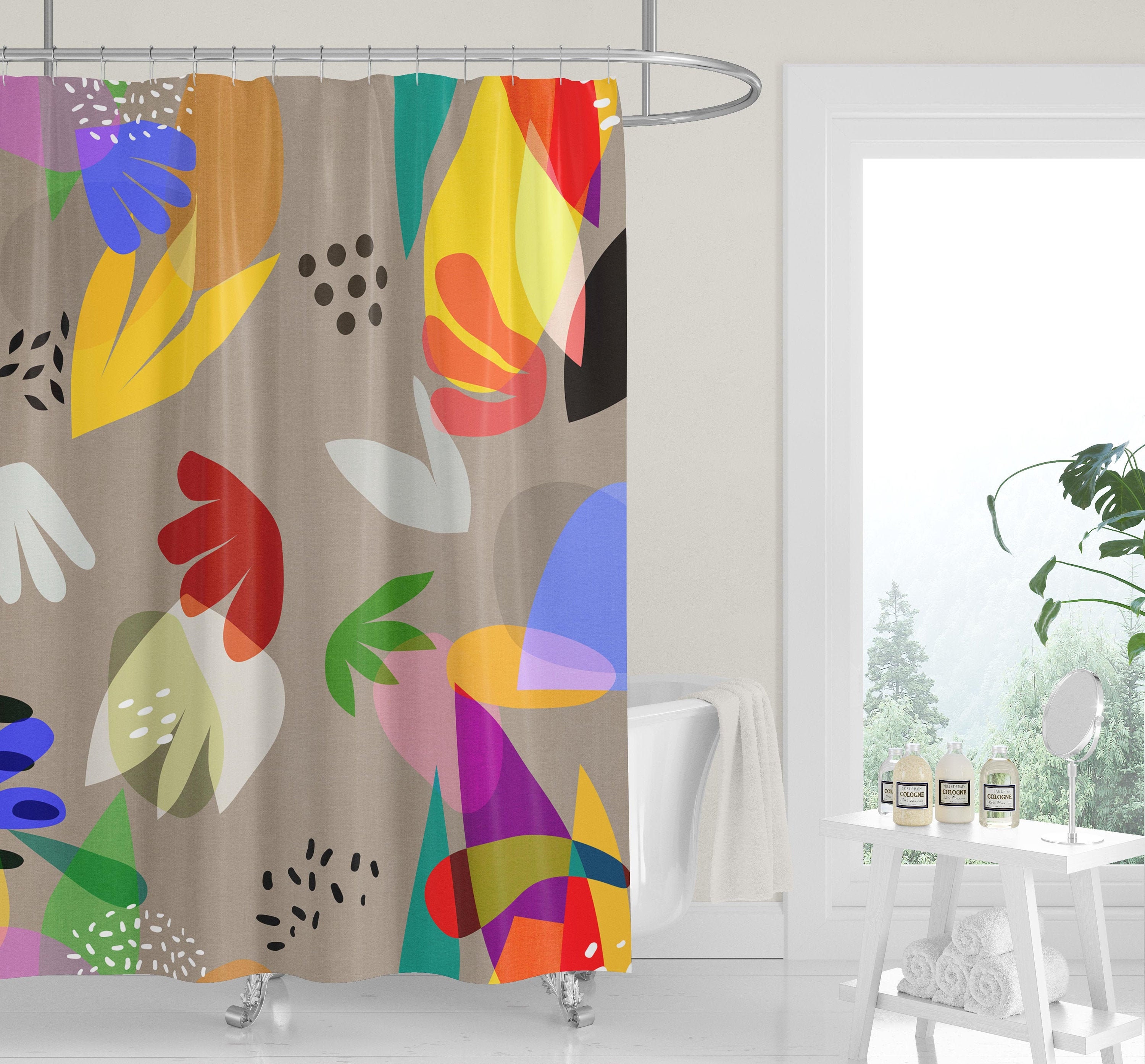 Mid-Century Matisse Black and Colorful Abstract Cutouts Shower Curtain with Whimsical Minimalist Design - Image 3