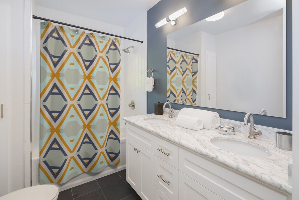 Mid-Century Mod Geometric Shower Curtain for a Retro College Dorm Room, 71 x 71 inch Curtain - Image 2