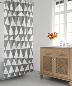 Mid-Century Modern Douchegordijn with Abstract Driehoekig Design in Grijs en Wit - Zigzag Eigentijds Baddecor