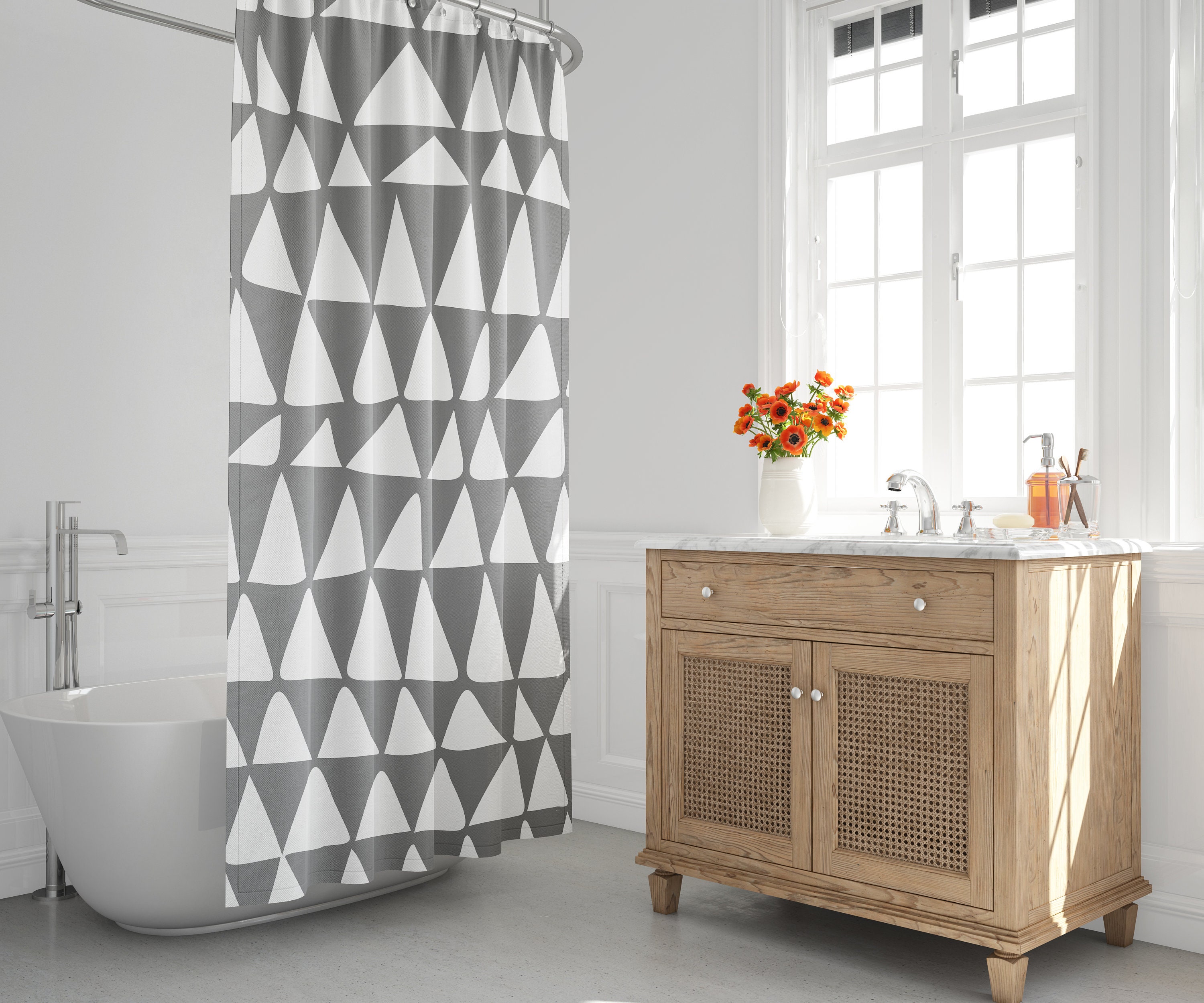 Mid-Century Modern Douchegordijn with Abstract Driehoekig Design in Grijs en Wit - Zigzag Eigentijds Baddecor