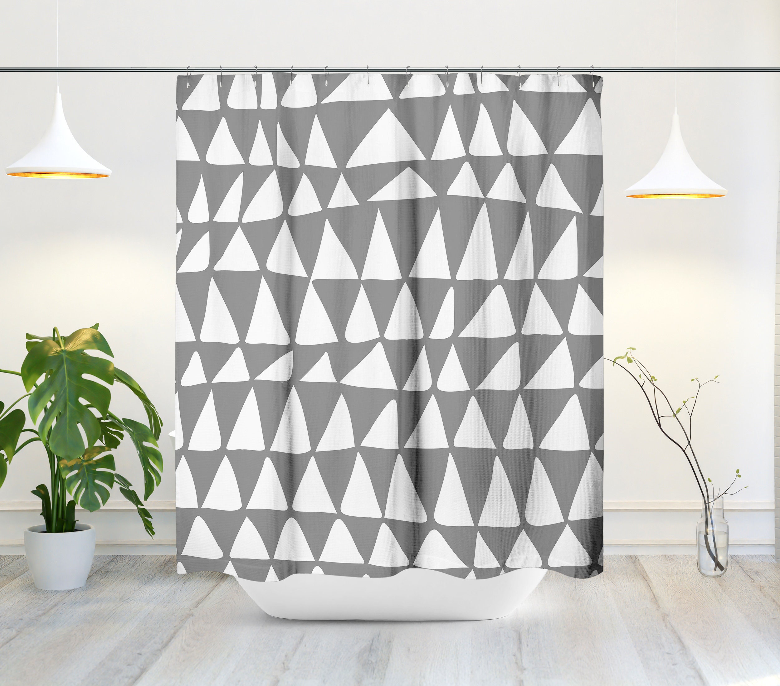 Mid-Century Modern Douchegordijn with Abstract Driehoekig Design in Grijs en Wit - Zigzag Eigentijds Baddecor - Image 2