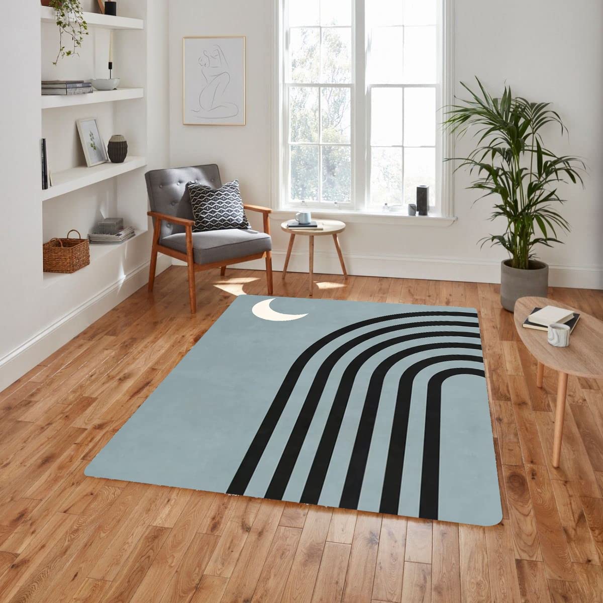 Mid-Century Modern Minimalist Moon and Lines Black Grey Area Rug - Washable Soft Thick Kitchen Dining Room Carpet - Image 2