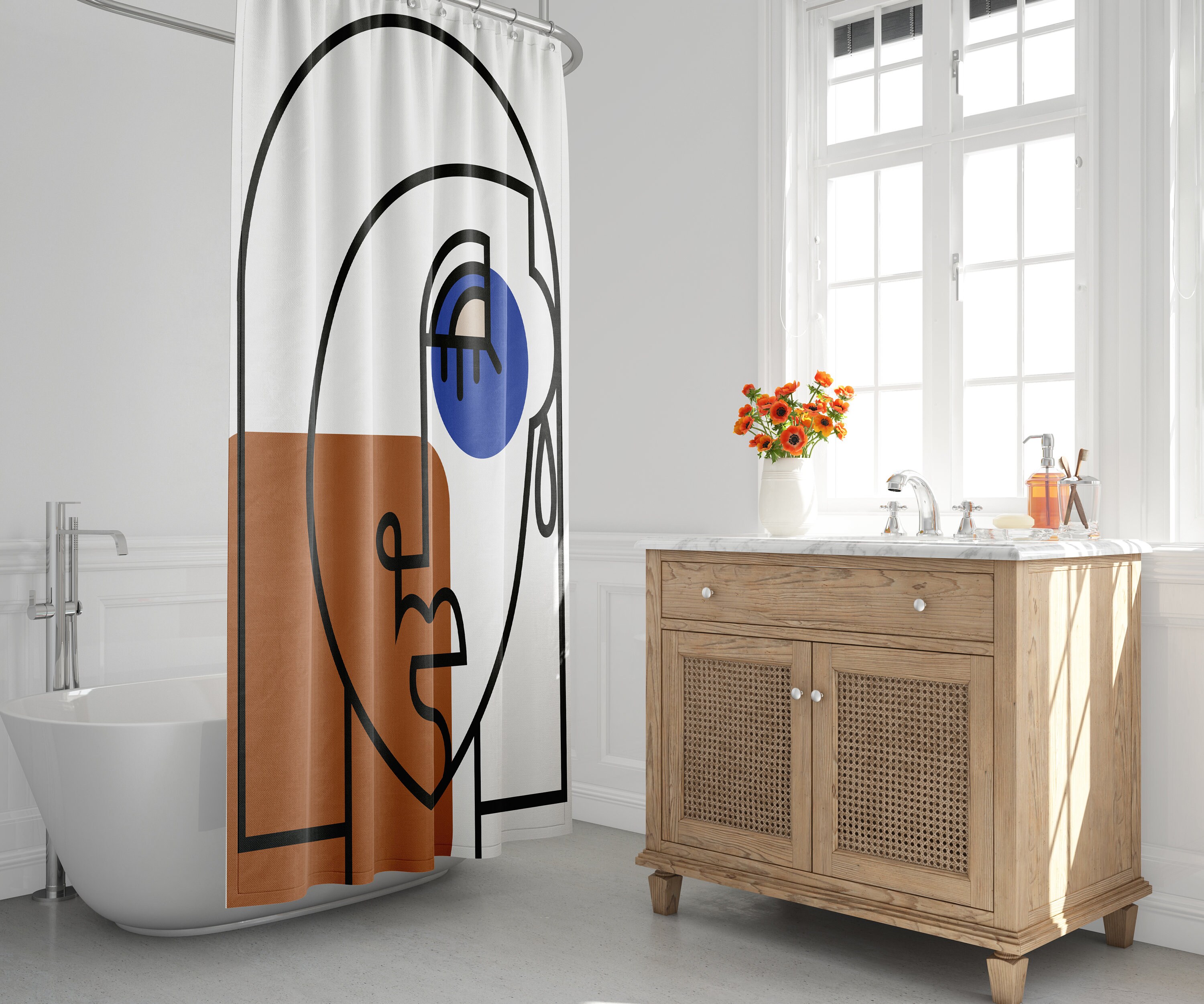 Mid-Century Modern Minimalist Shower Curtain with Abstract Face and Nordic Design, Perfect for Modern Bath Decor