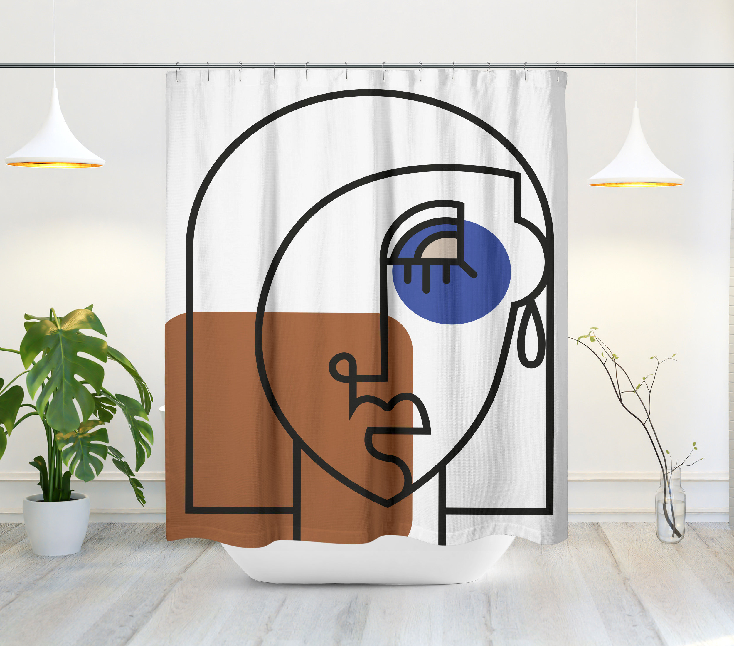 Mid-Century Modern Minimalist Shower Curtain with Abstract Face and Nordic Design, Perfect for Modern Bath Decor - Image 2