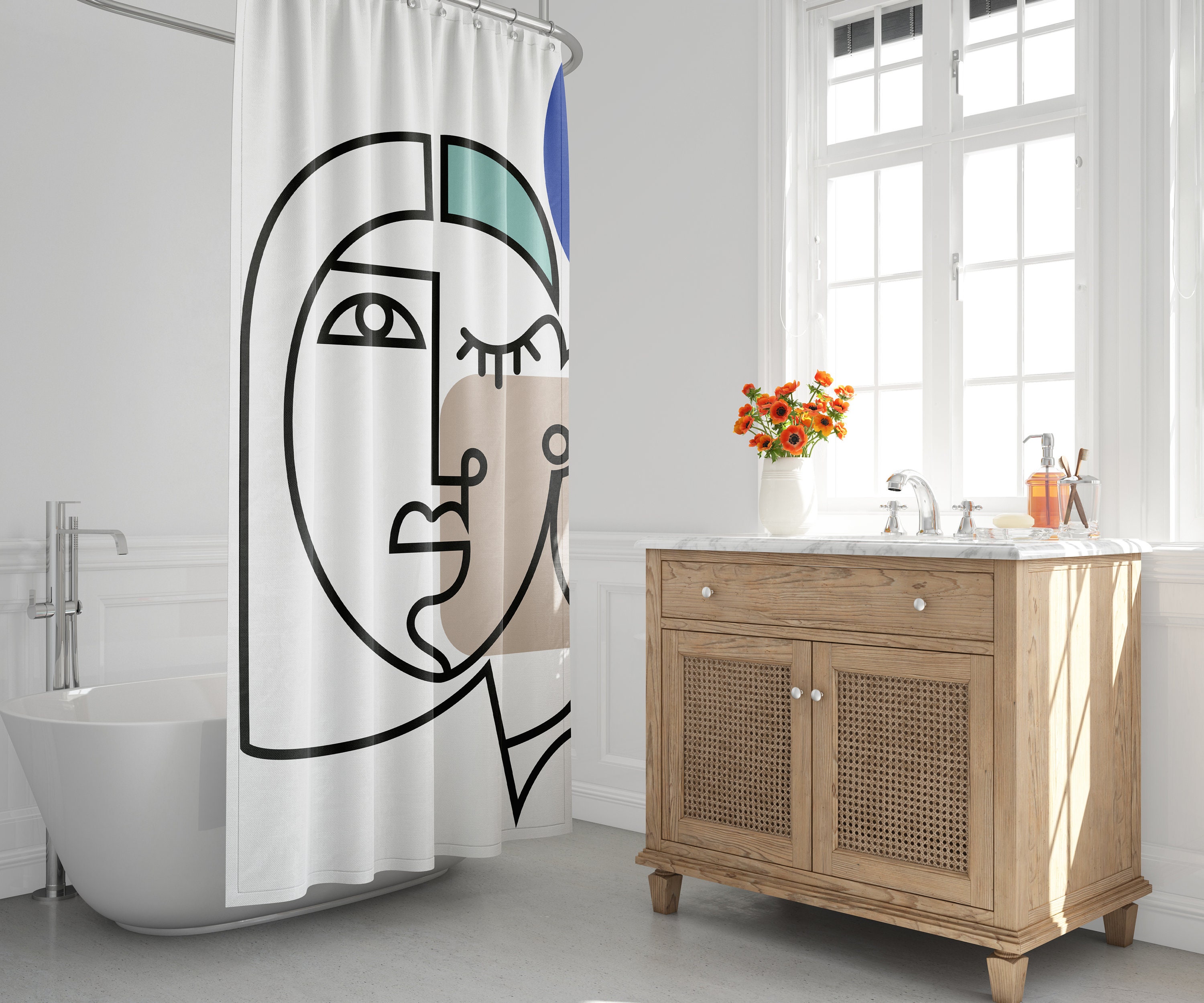 Mid-Century Modern Minimalist Shower Curtain with Abstract Scandi Design, Perfect for a Boho Bath Decor