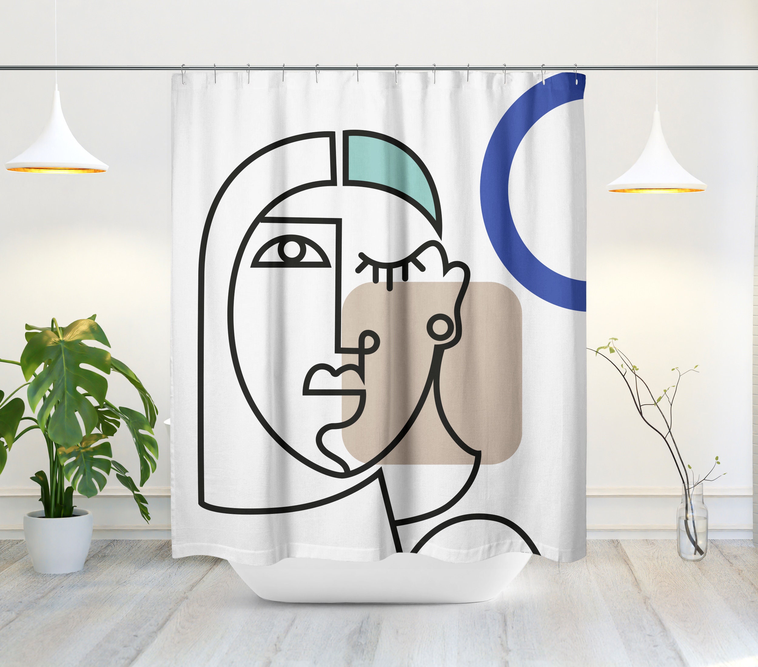 Mid-Century Modern Minimalist Shower Curtain with Abstract Scandi Design, Perfect for a Boho Bath Decor - Image 2