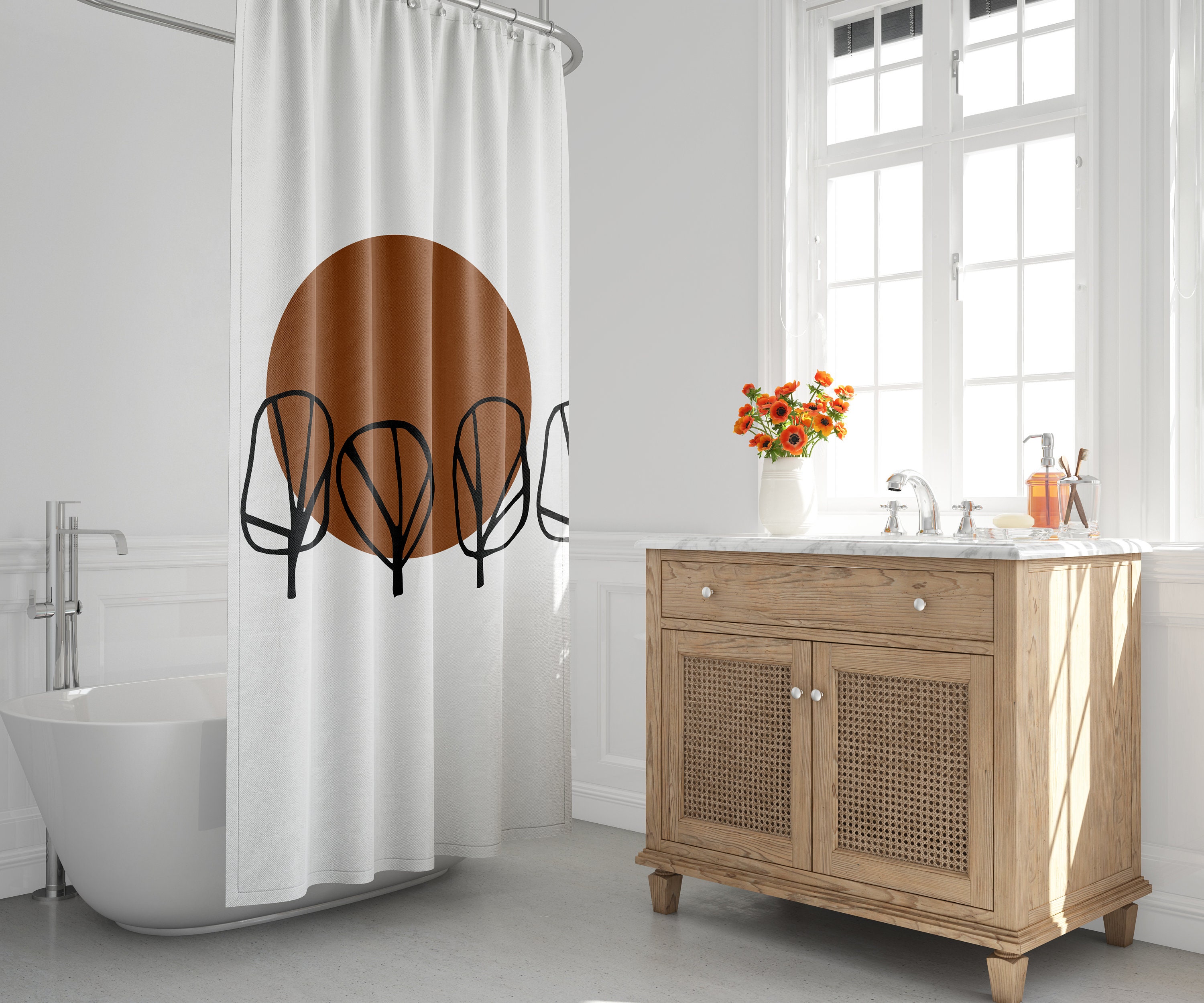 Mid-Century Modern Minimalist Shower Curtain with Abstract Tropical Tree Design for a Stylish Bathroom