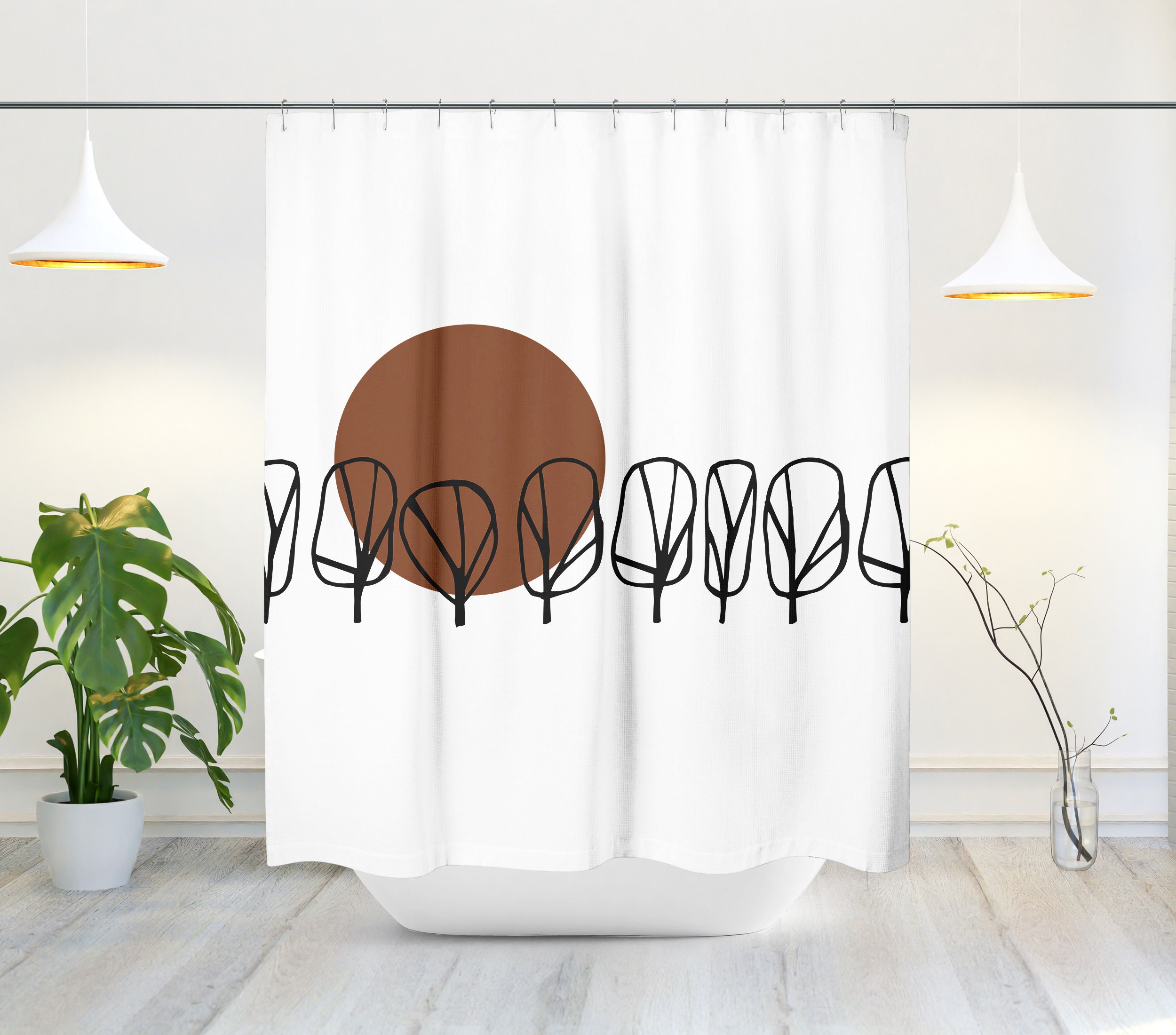 Mid-Century Modern Minimalist Shower Curtain with Abstract Tropical Tree Design for a Stylish Bathroom - Image 2