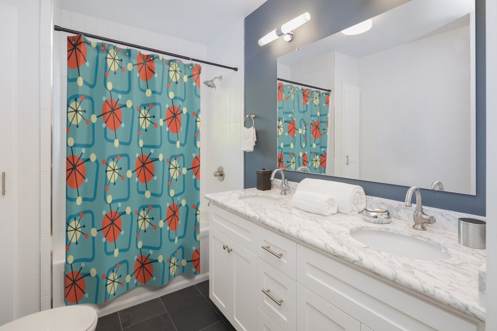 Mid-Century Modern Shower Curtain, 60's Inspired Bathroom Decor, Retro Bathroom Accessory - Image 3