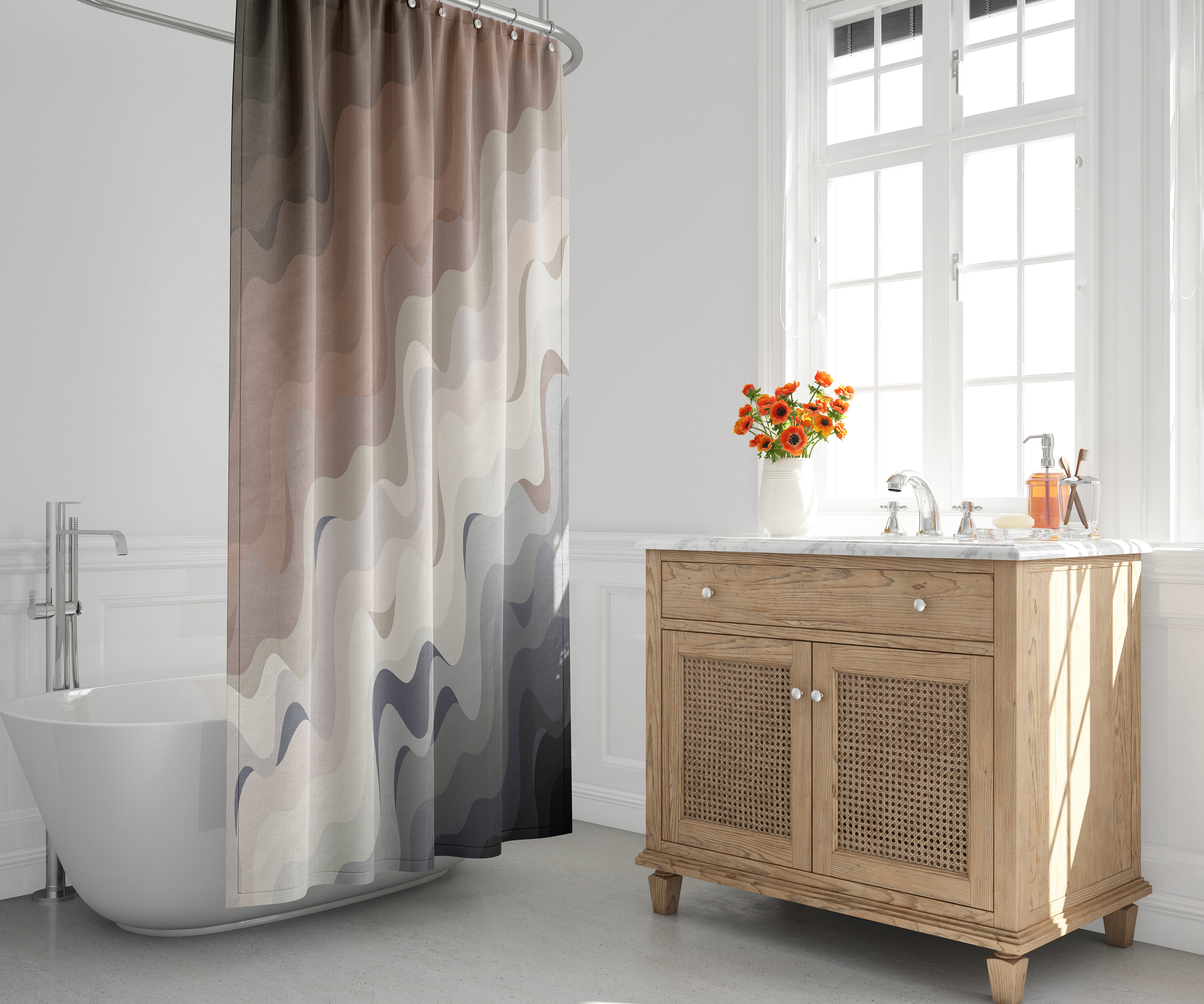 Mid-Century Modern Shower Curtain with Beach-inspired Wavy Abstract Design, Perfect for a Coastal Bath Decor