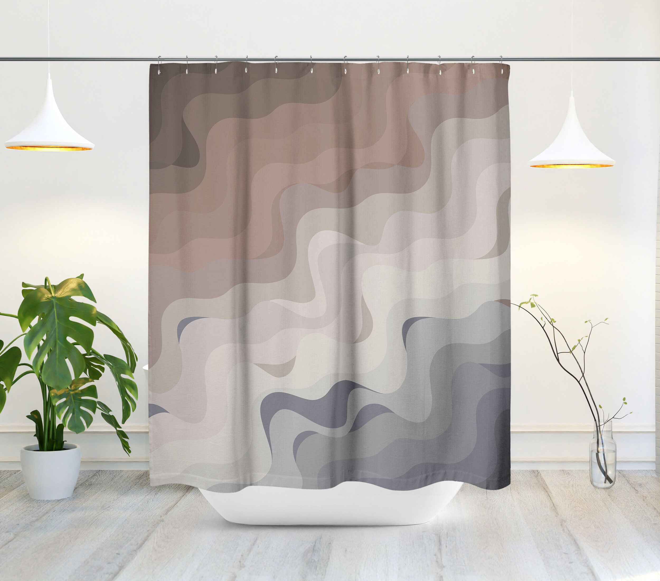 Mid-Century Modern Shower Curtain with Beach-inspired Wavy Abstract Design, Perfect for a Coastal Bath Decor - Image 2