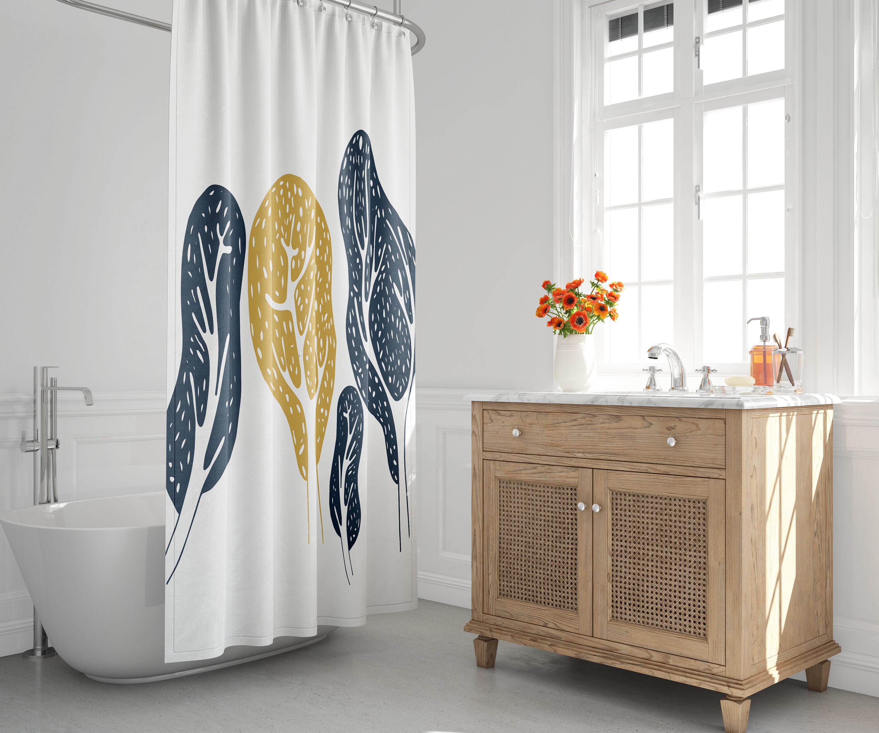 Mid-Century Modern Shower Curtain with Landscape Trees Botanical Design, Minimalist and Stylish Bath Decor