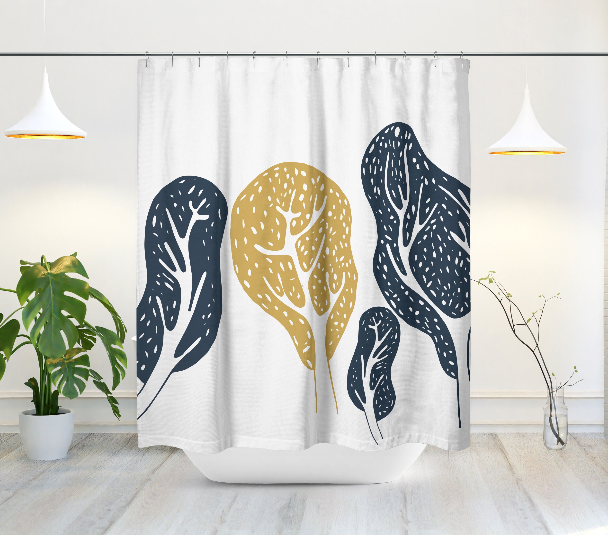 Mid-Century Modern Shower Curtain with Landscape Trees Botanical Design, Minimalist and Stylish Bath Decor - Image 2