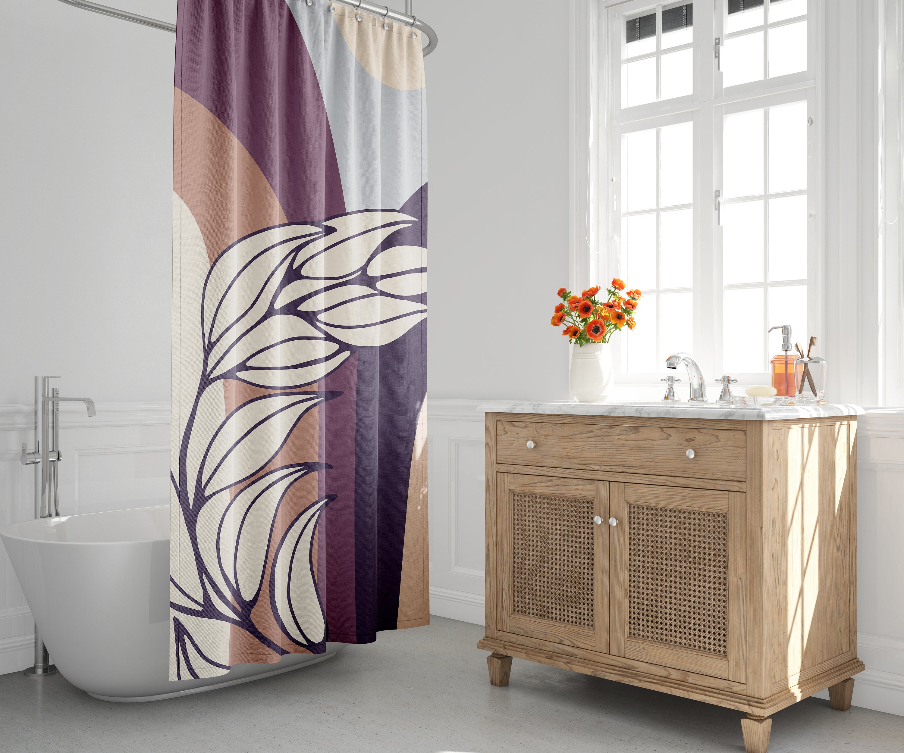 Mid-Century Modern Shower Curtain with Tropical Leaf Botanical Design, Minimalist and Stylish Bath Decor