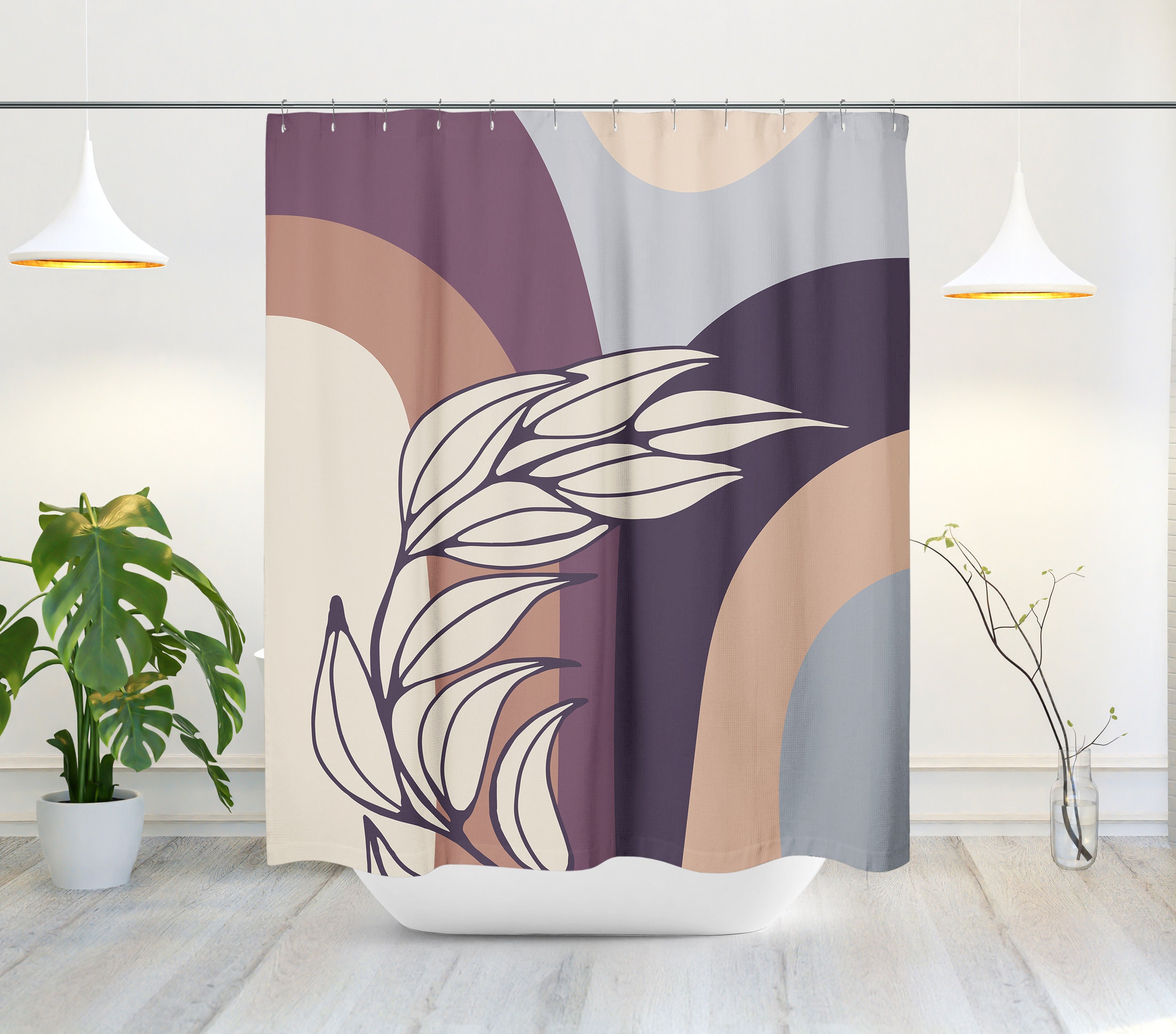 Mid-Century Modern Shower Curtain with Tropical Leaf Botanical Design, Minimalist and Stylish Bath Decor - Image 2