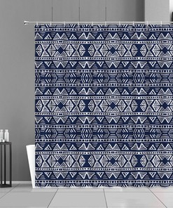 Mid-century Boho Mandala Geometry Fabric Shower Curtain, Retro Blue Pattern for Home Bathroom Decor Accessories