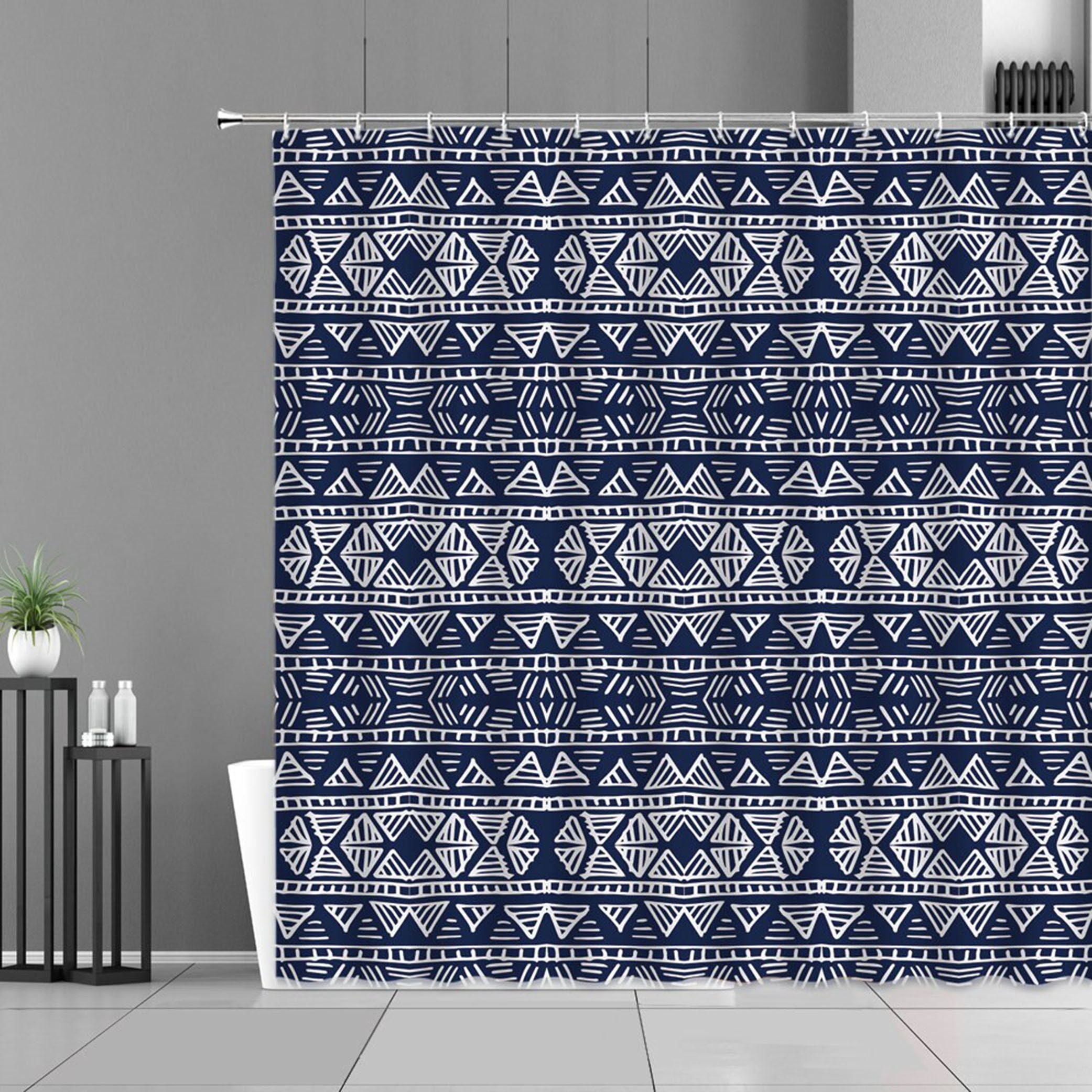 Mid-century Boho Mandala Geometry Fabric Shower Curtain, Retro Blue Pattern for Home Bathroom Decor Accessories