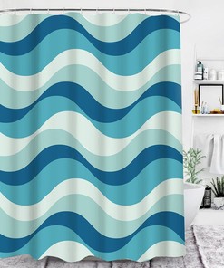 Mid-century Retro Sea Beach Coast Marine Blue White Ocean Waves Shower Curtain, for Home Bathroom Decor Accessories