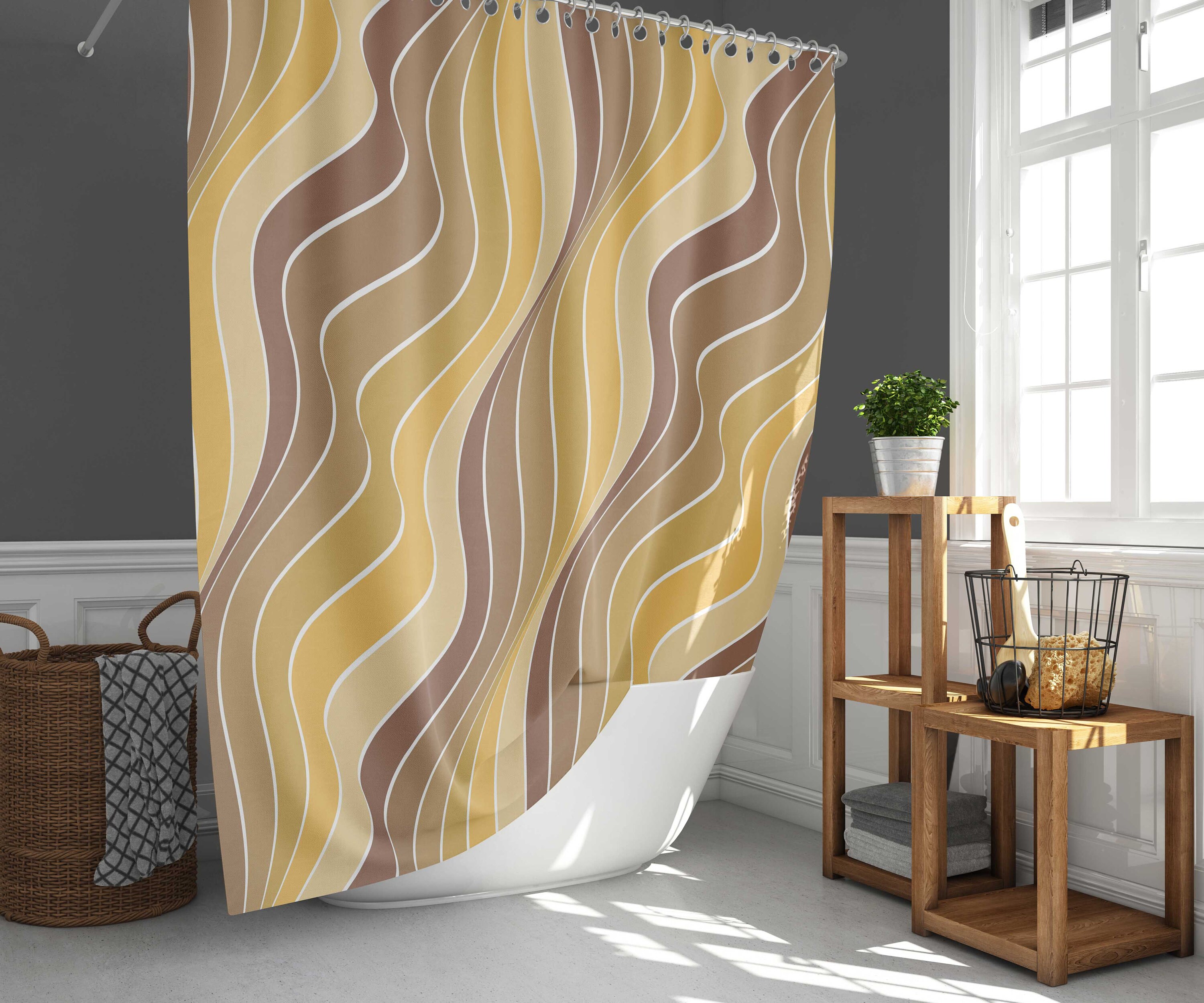 Mid-century Vintage Art Fabric Shower Curtain Mat, Retro Yellow Brown Lines Pattern for Home Bathroom Set Decor